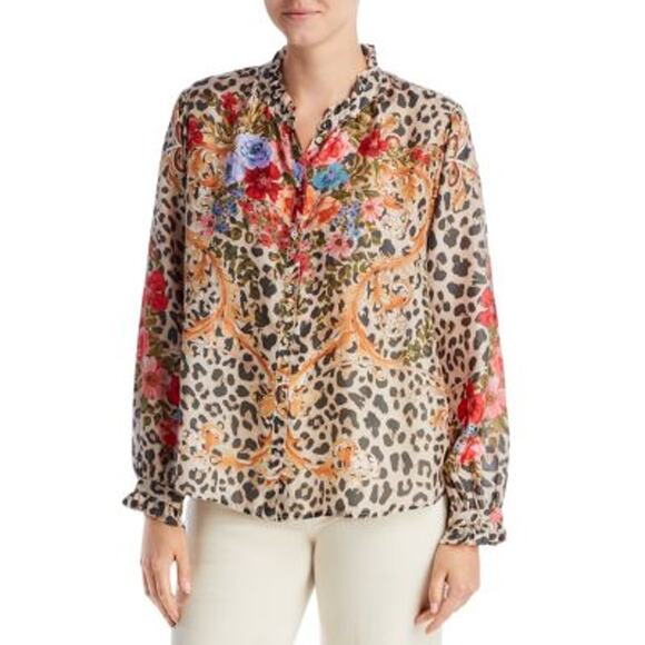 Johnny Was Amabel 100% Silk Blouse Large Cheetah Print Button Up Extra Large - Picture 1 of 14